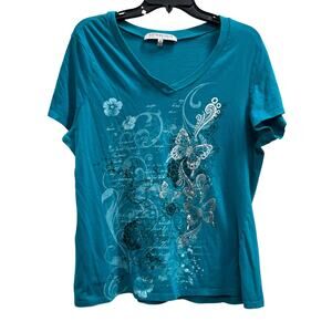 Astrologie green v-neck silver butterfly whimsy tee Plus SZ 1X